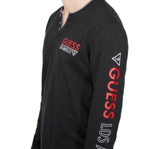New GUESS Logo Slit Long-Sleeve Henley Shirt SZ L